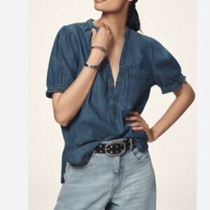 The Aly Denim Puff-Sleeve Blouse by Pilcro